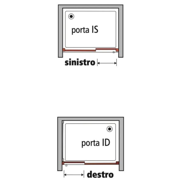 Schizzo: Porta doccia t.b.t., apertura a sinistra (IS) e a destra (ID), per bagno senza barriere.