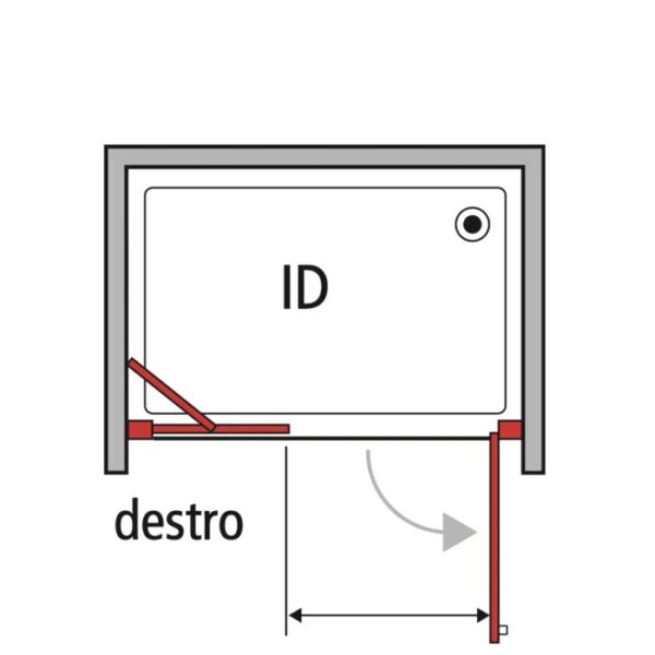 Schizzo di una porta doccia t.b.t. (Porte doccia) con area di rotazione.