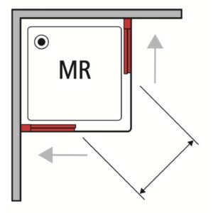 Schizzo di un box doccia angolare t.b.t con dimensioni e frecce che indicano la direzione di apertura.