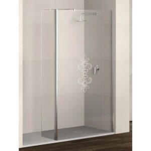 Box doccia walk-in t.b.t. con decoro, vetro e telaio cromato.
