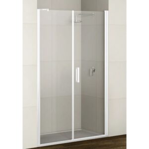 Porta doccia t.b.t. con telaio e maniglia bianchi in ambiente bagno.
