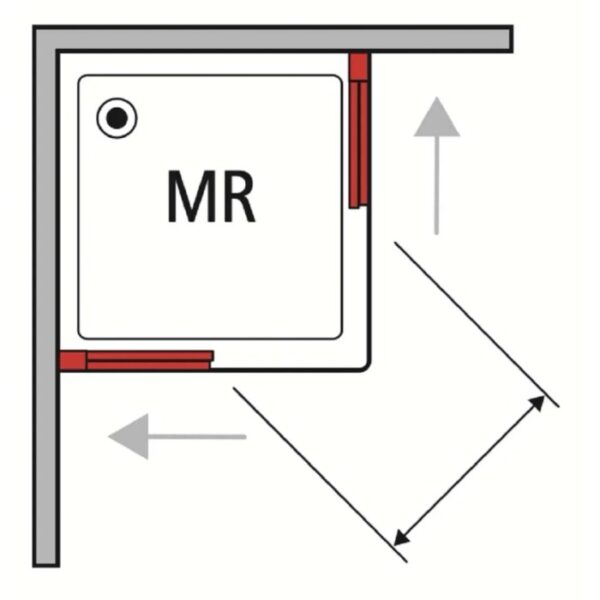 Schizzo di un box doccia angolare con dimensioni e funzione porta scorrevole.