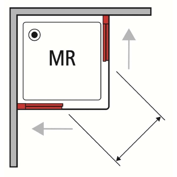 Schizzo di un box doccia angolare con dimensioni e funzione porta scorrevole.