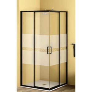 Box doccia angolare con telaio nero e vetro decorativo.
