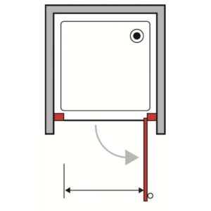 Disegno schematico di una porta doccia t.b.t. con raggio di rotazione.