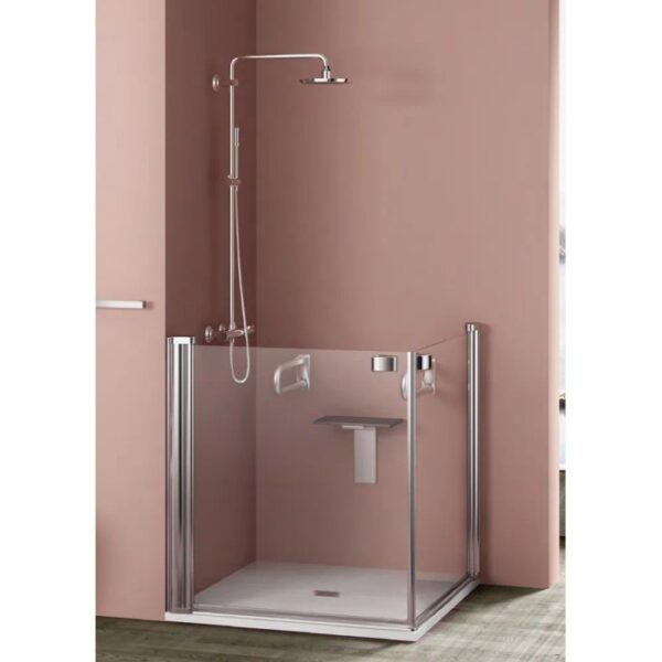 Box doccia aperta accessibile con sedile e maniglione. Ideale per bagni adatti all'età.
