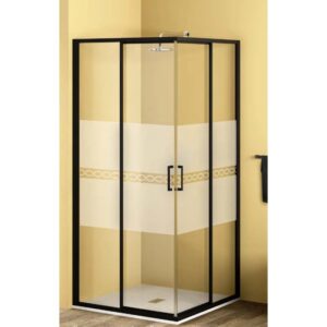 Box doccia angolare con telaio nero e pannello in vetro decorato.