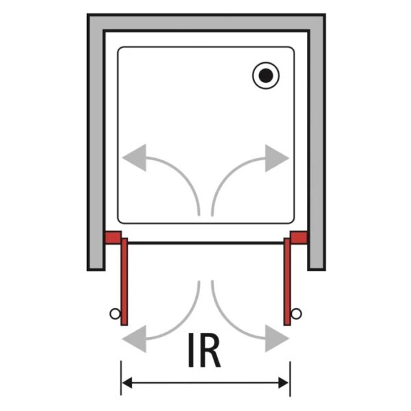 Schizzo di una porta doccia (t.b.t.) con frecce che indicano il raggio di apertura (IR).