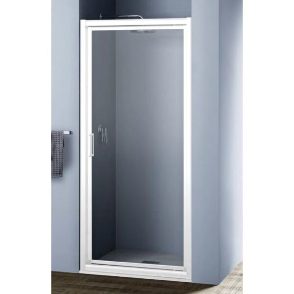 Box doccia t.b.t. con telaio bianco e porta in vetro trasparente.
