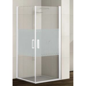 Box doccia angolare con telaio bianco e vetro parzialmente satinato.