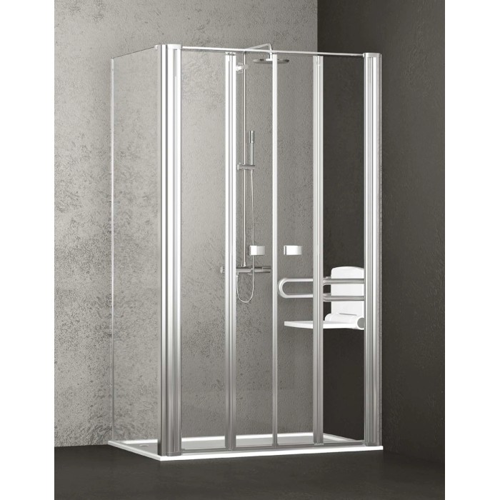 Box doccia t.b.t. con maniglione e sedile, ideale per bagno accessibile.