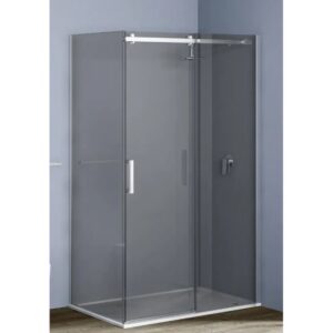Box doccia t.b.t. con porta scorrevole, vetro grigio e telaio argento.