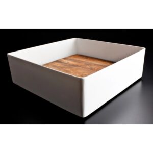 Lavabo da appoggio rettangolare t.b.t. bianco con base in legno.