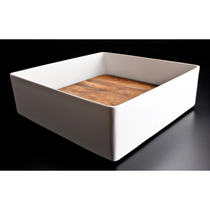 Lavabo da appoggio rettangolare t.b.t. bianco con base in legno.