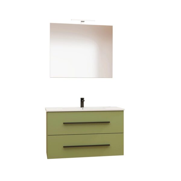t.b.t. Mobile bagno verde con specchio e rubinetto per bagno moderno.