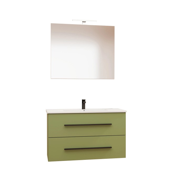 t.b.t. Mobile bagno verde con specchio e rubinetto per bagno moderno.