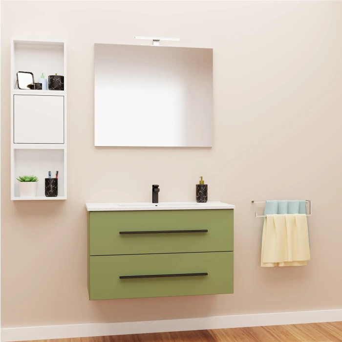 Set bagno moderno con mobile lavabo verde, specchio e mensola. Arredo bagno.