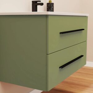 Mobile bagno verde con due cassetti e maniglie nere.