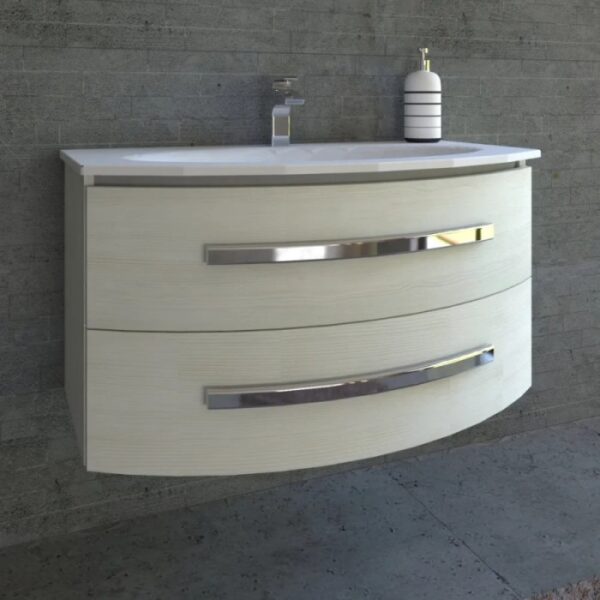 t.b.t. Mobile bagno in legno chiaro con due cassetti e maniglie cromate.