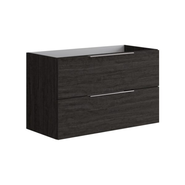 Mobile bagno sospeso scuro con due cassetti per arredo bagno.