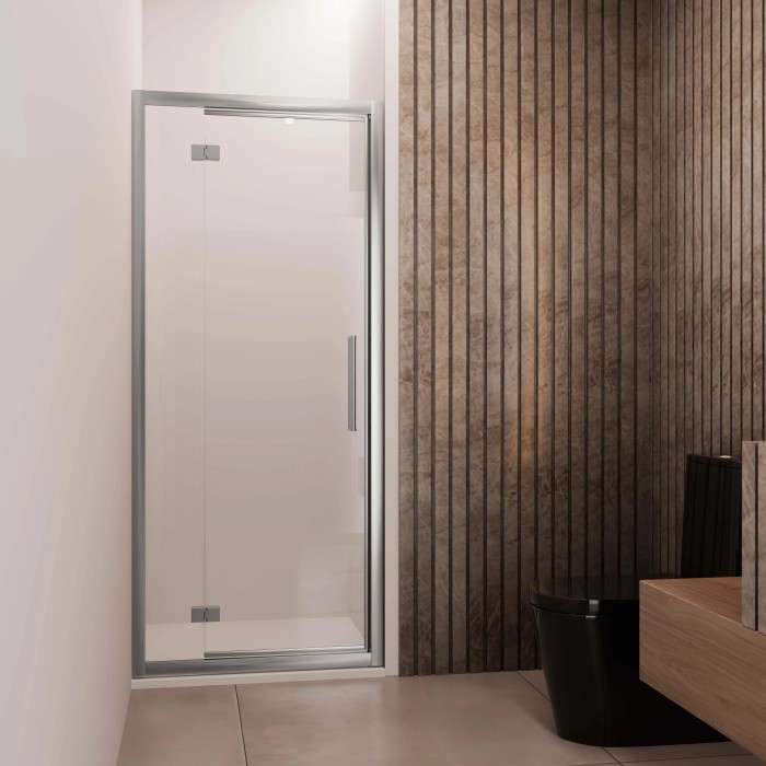 Porta battente reversibile doccia Lux est. fisso 87-93 cm argento banda satinata