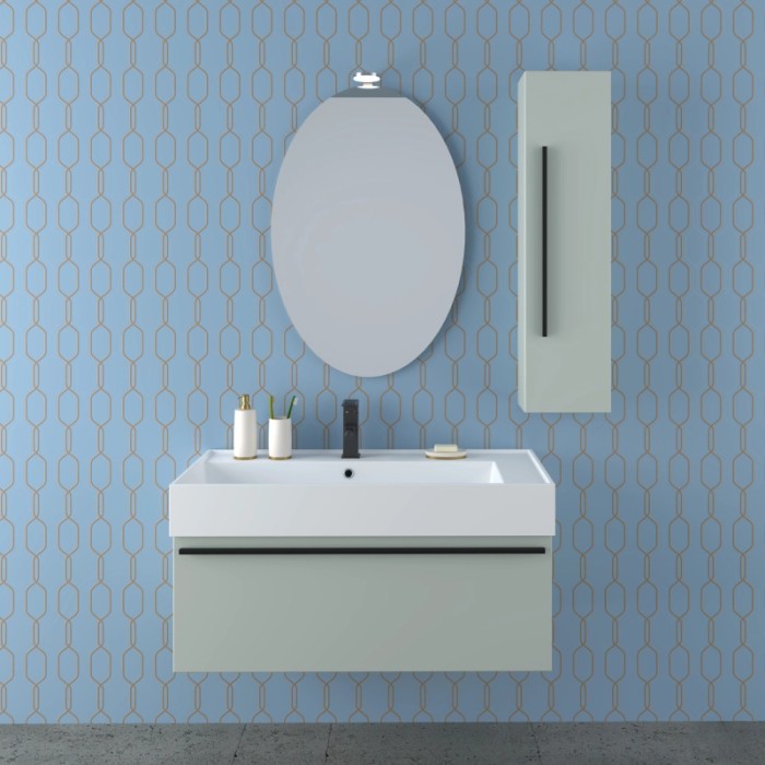 Set di mobili da bagno moderni con mobile lavabo, specchio e pensile.