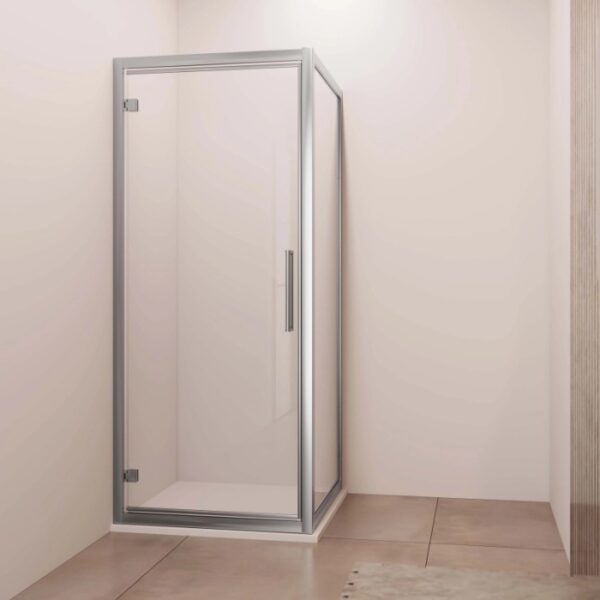 Porta battente reversibile doccia Lux est. 87-93 cm argento banda satinata