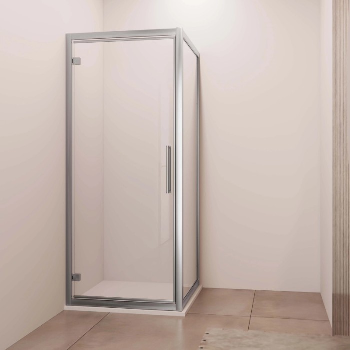 Porta battente reversibile doccia Lux est. 87-93 cm argento banda satinata