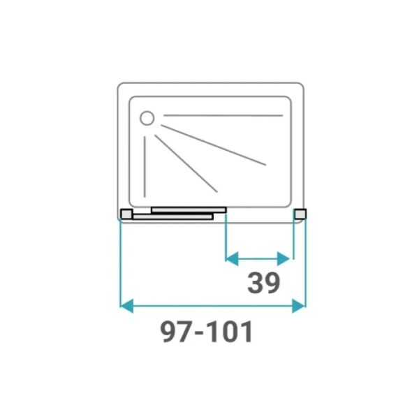Disegno tecnico della porta doccia t.b.t. con dimensioni (97-101 cm).