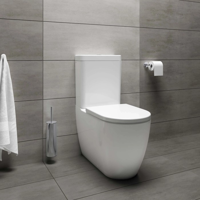WC monoblocco t.b.t. bianco moderno con cassetta e scopino, su sfondo grigio.