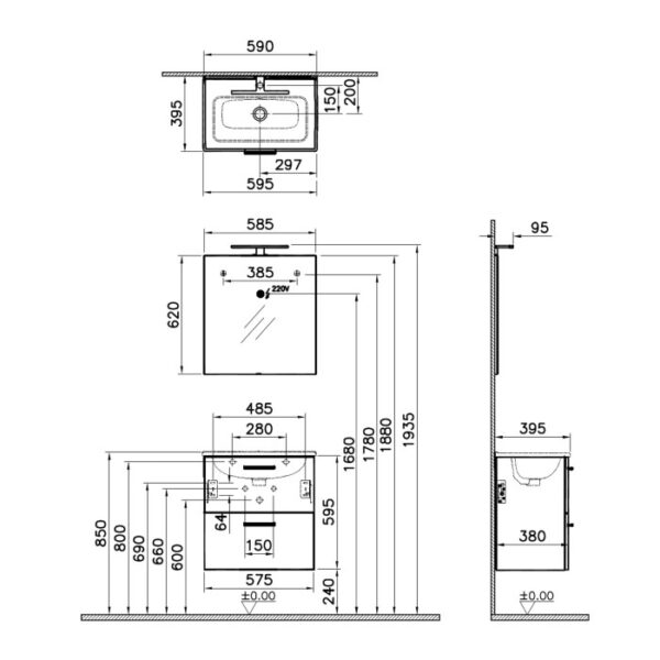 Disegno tecnico: mobile bagno t.b.t. con specchio e dimensioni per l'arredo bagno.