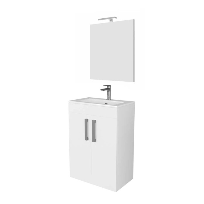 Mobile bagno bianco con specchio e rubinetto per arredamento bagno.