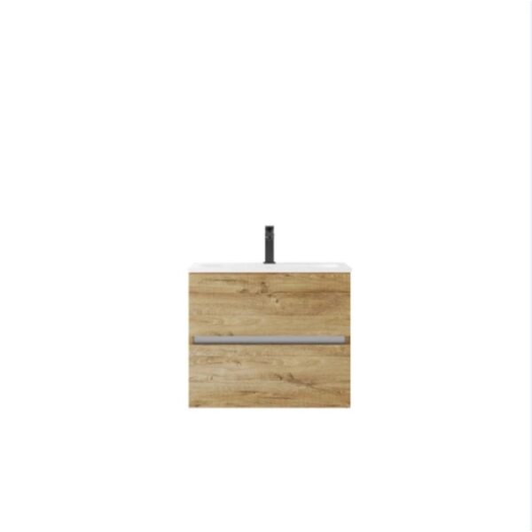 Mobile bagno t.b.t. effetto legno con due cassetti e lavabo da appoggio.