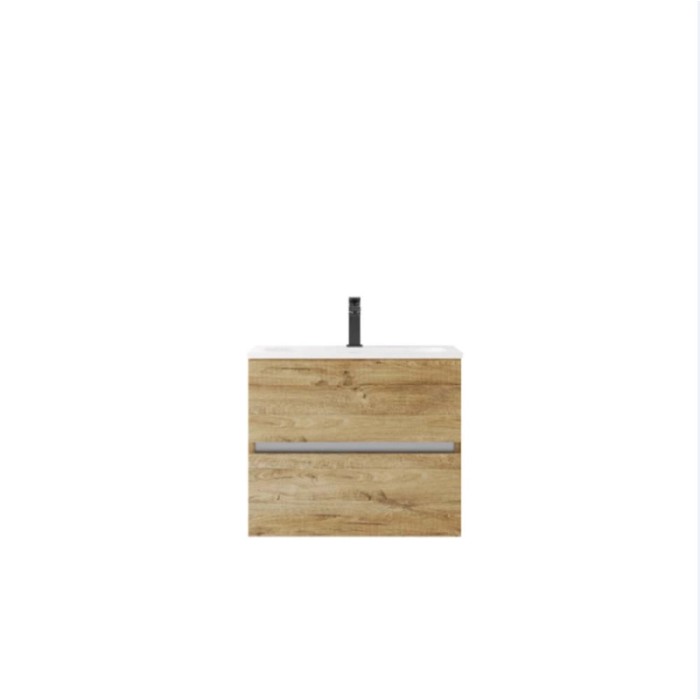 Mobile bagno t.b.t. effetto legno con due cassetti e lavabo da appoggio.