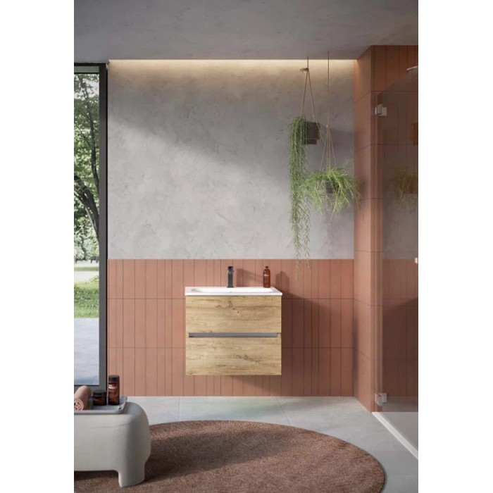Mobile bagno moderno con mobile lavabo effetto legno e lavabo da appoggio.