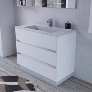 Mobile lavabo bianco t.b.t. con tre cassetti e lavabo da appoggio.