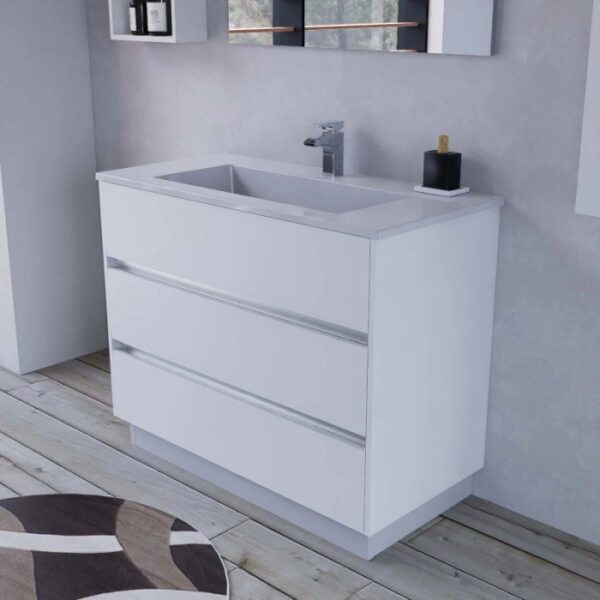 Mobile lavabo bianco t.b.t. con tre cassetti e lavabo da appoggio.