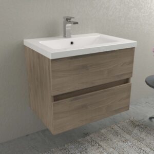 Mobile bagno moderno con lavabo e mobiletto in legno.