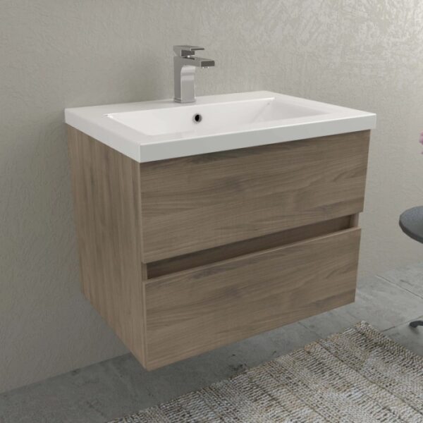 Mobile bagno moderno con lavabo e mobiletto in legno.