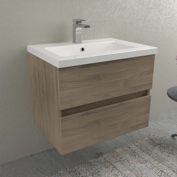 Mobile bagno moderno con lavabo e mobiletto in legno.