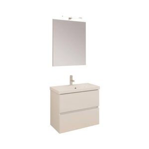 Moderno set di mobili da bagno beige con mobile lavabo, specchio e lampada.