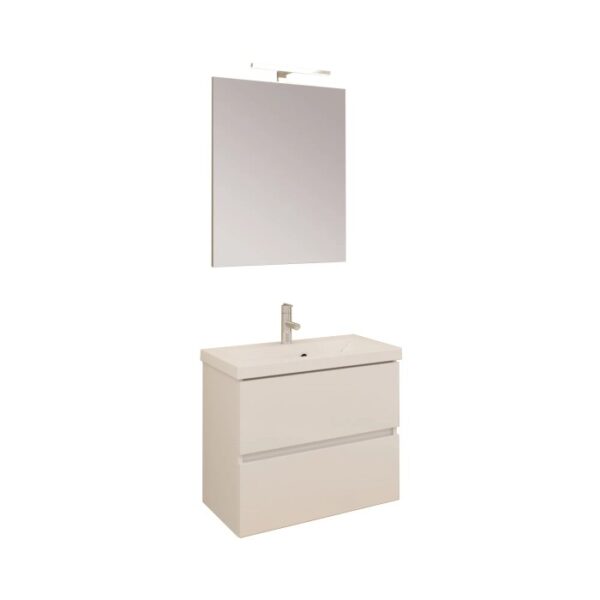 Moderno set di mobili da bagno beige con mobile lavabo, specchio e lampada.