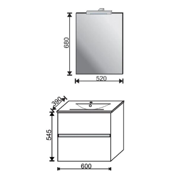 Schizzo: mobile bagno t.b.t. con specchio e dimensioni, categoria arredo bagno.
