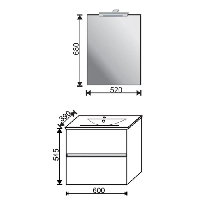 Schizzo: mobile bagno t.b.t. con specchio e dimensioni, categoria arredo bagno.