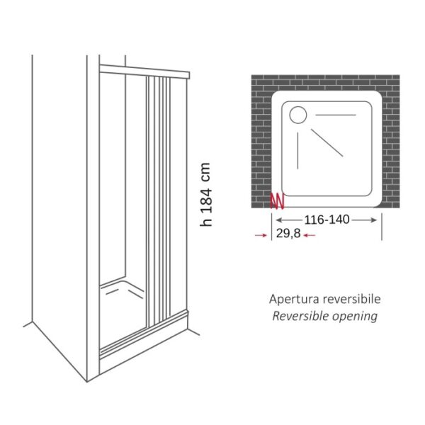 Disegno tecnico di una porta doccia t.b.t. con dimensioni e apertura reversibile.