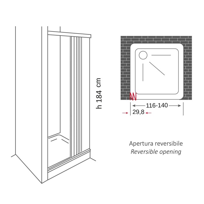 Disegno tecnico di una porta doccia t.b.t. con dimensioni e apertura reversibile.