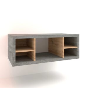Mobile bagno sospeso grigio con scomparti in legno.