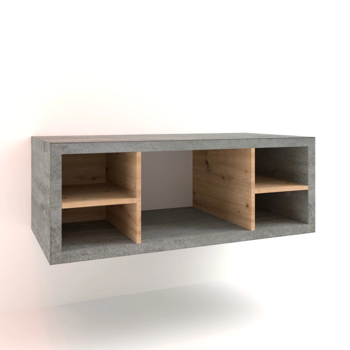 Mobile bagno sospeso grigio con scomparti in legno.