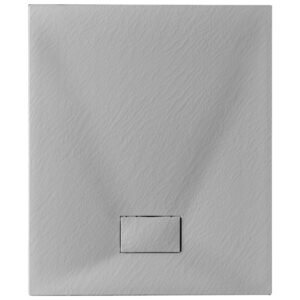 Piatto doccia quadrato grigio con scarico centrale.