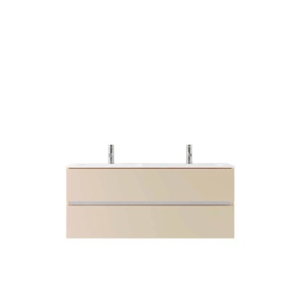 Mobile bagno beige con due cassetti e due rubinetti per il bagno.